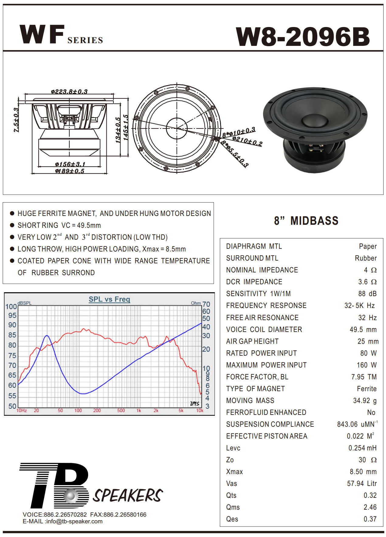 Tang Band W8-2096B 8" Underhung Midbass Driver 4 Ohm
