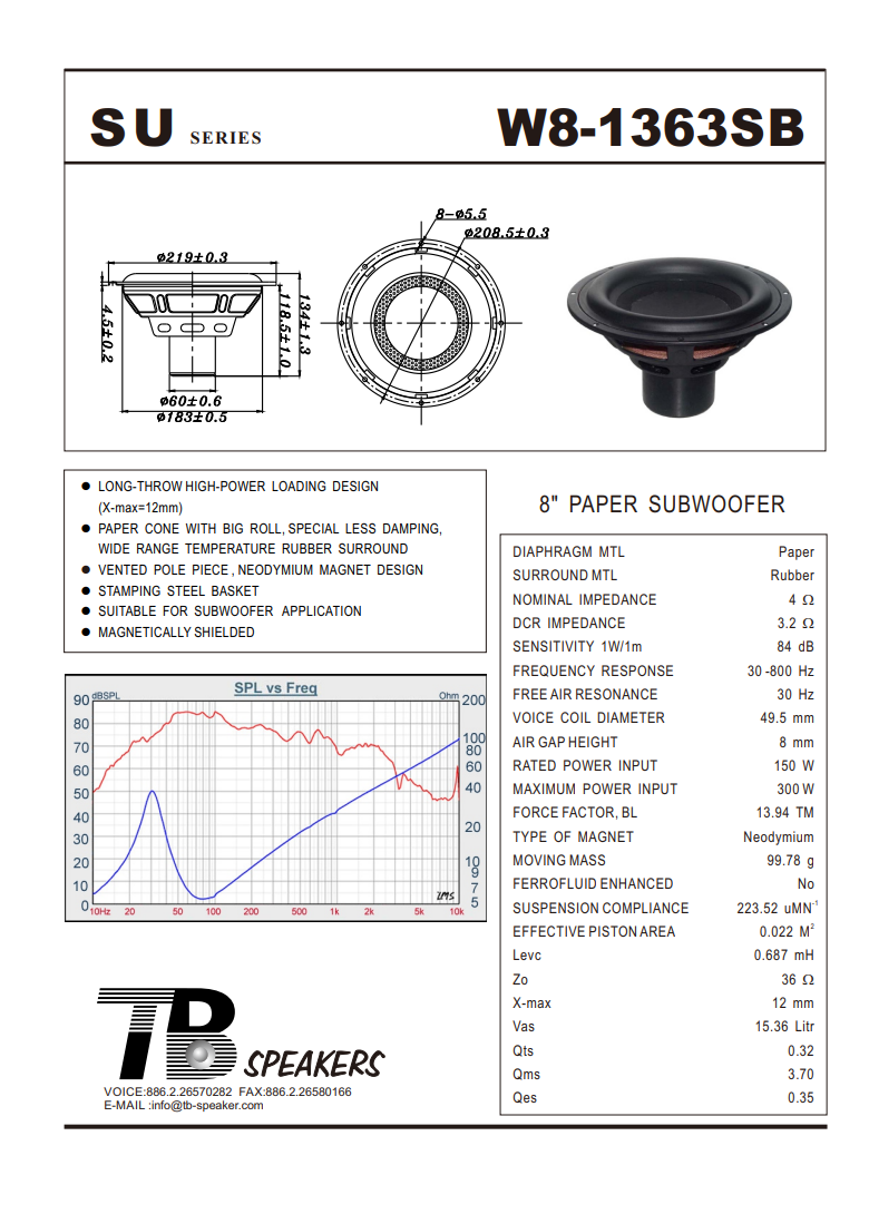 Tang Band W8-1363SB 8" Subwoofer
